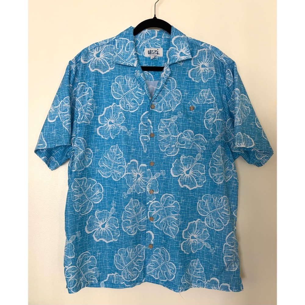 Uzzi Hawaiian Tiki Shirt Amphibious Gear Blue Hibiscus Retro Lightweight Size L